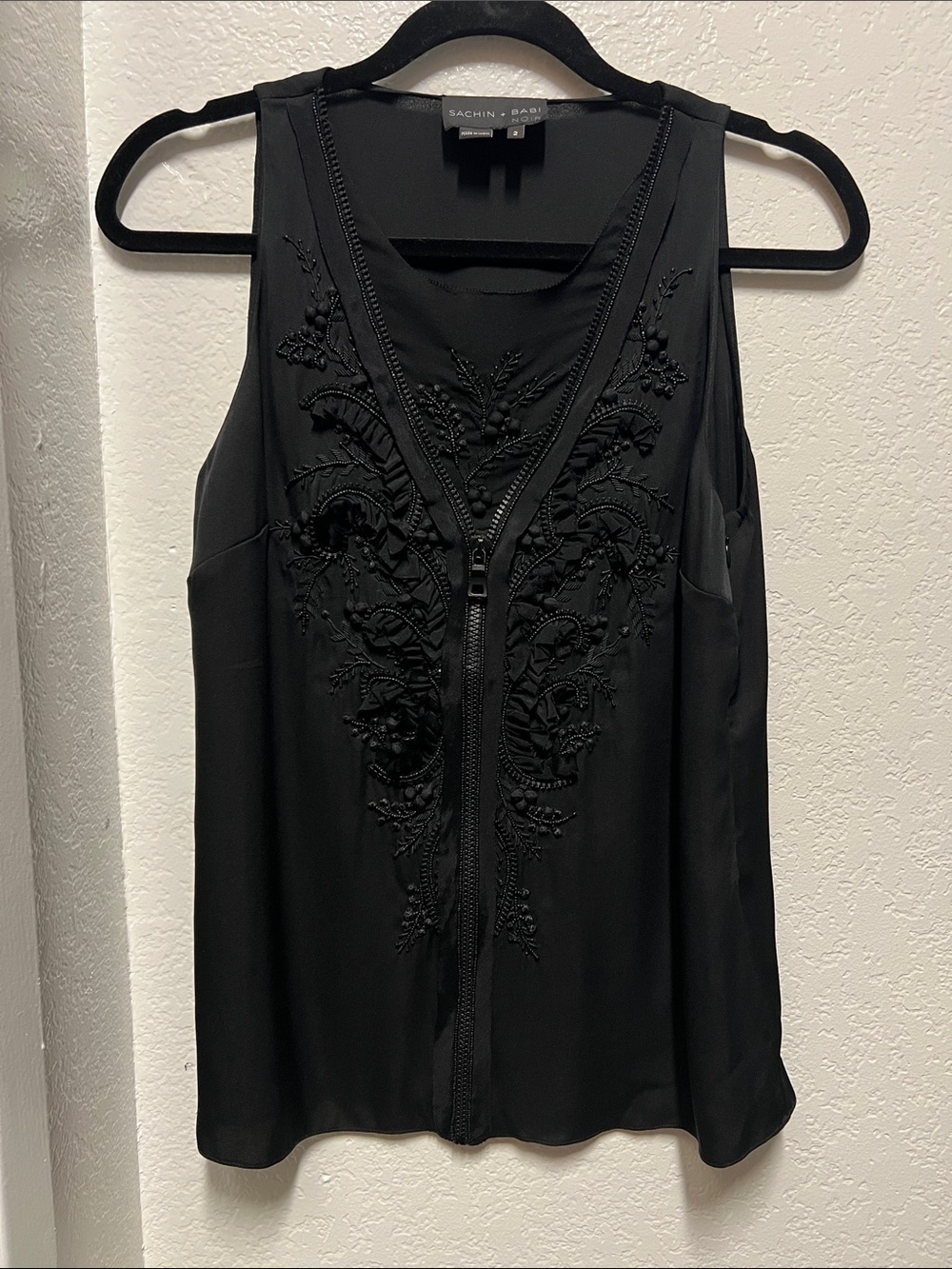 Sachin + Babi Black Embroidered Zip-Front Sleeveless Camisole